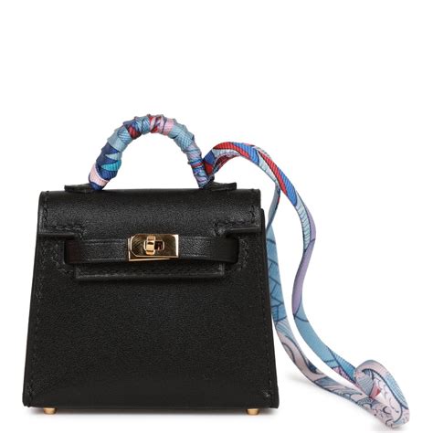 Hermès Black Tadelakt Mini Kelly Twilly Bag Charm Gold